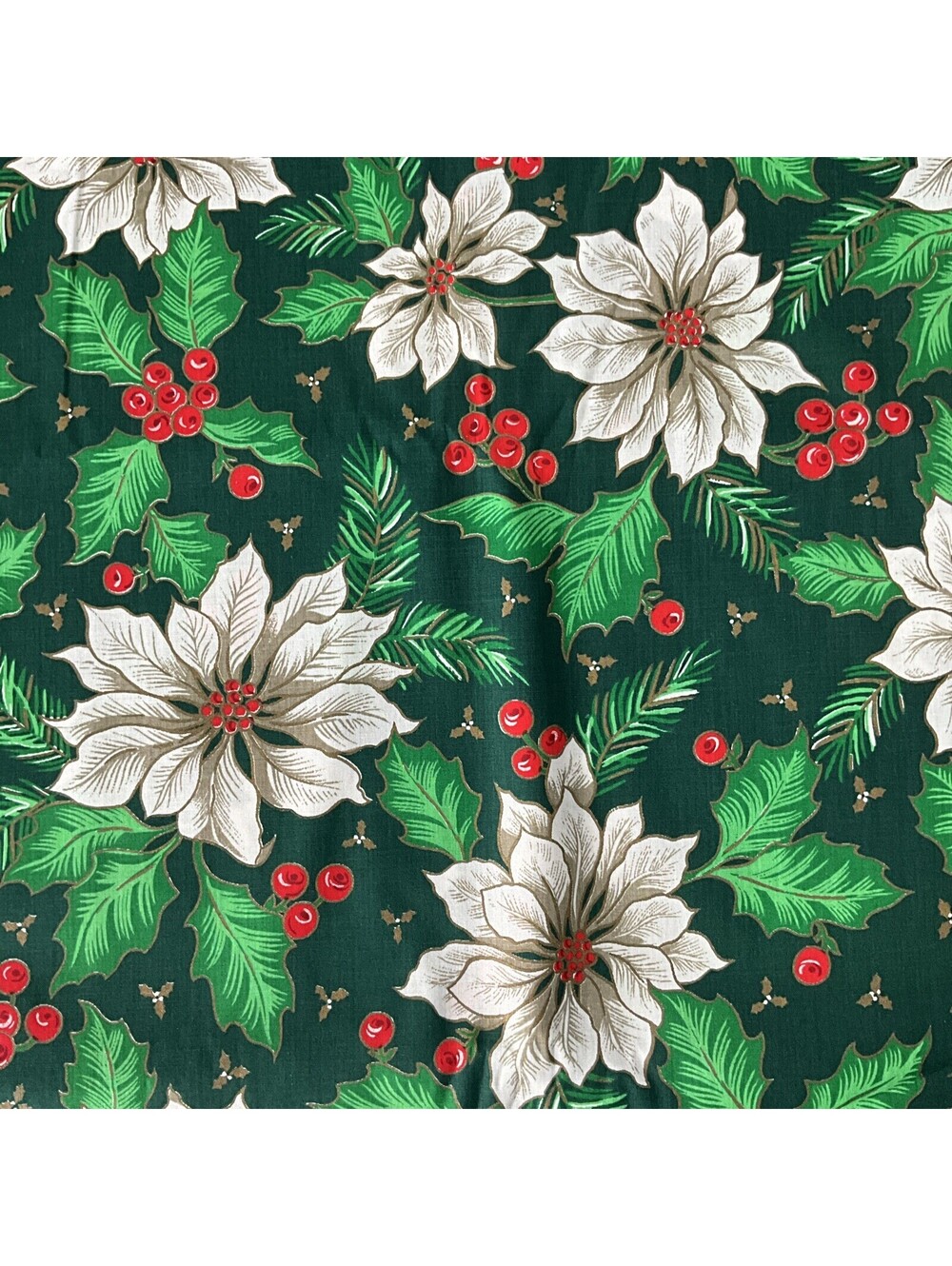 Christmas Poinsettia Red Holly Berries Green Cotton Fabric Home Decor 5.8 Yards